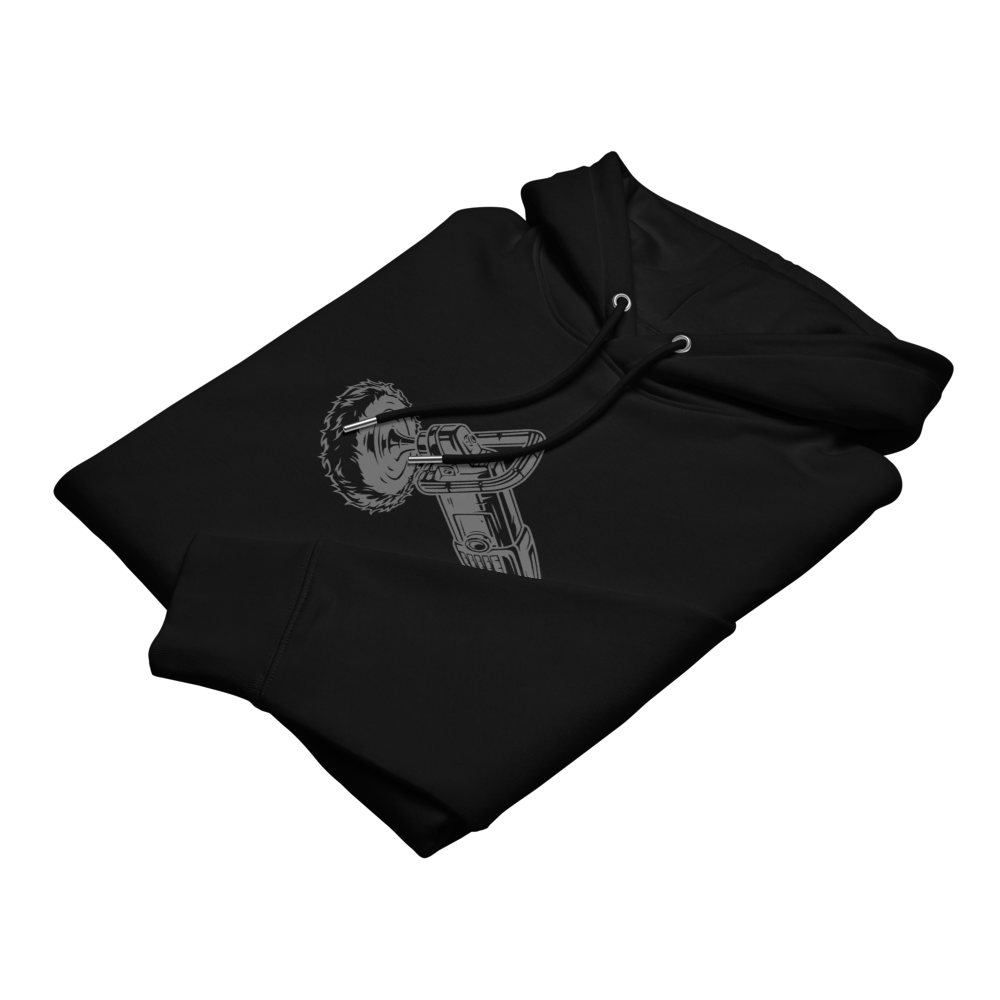Black hoodie with a graphic design on a white background