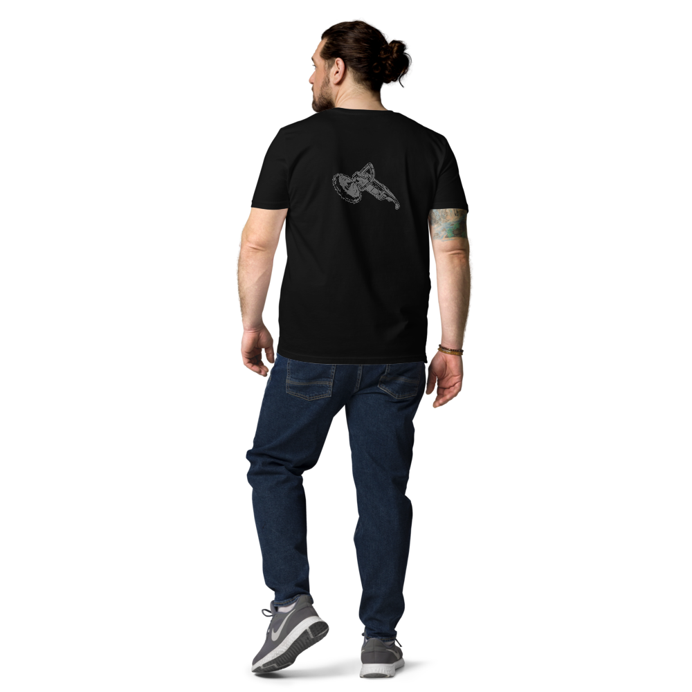 Man wearing a black t-shirt with a graphic design on the back, standing against a white background