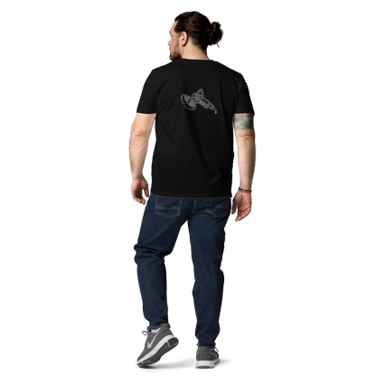 Man wearing a black t-shirt with a graphic design on the back, standing against a white background