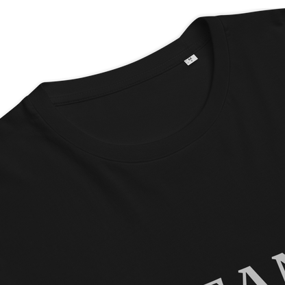 Close-up of a black t-shirt with a brand label on the collar.